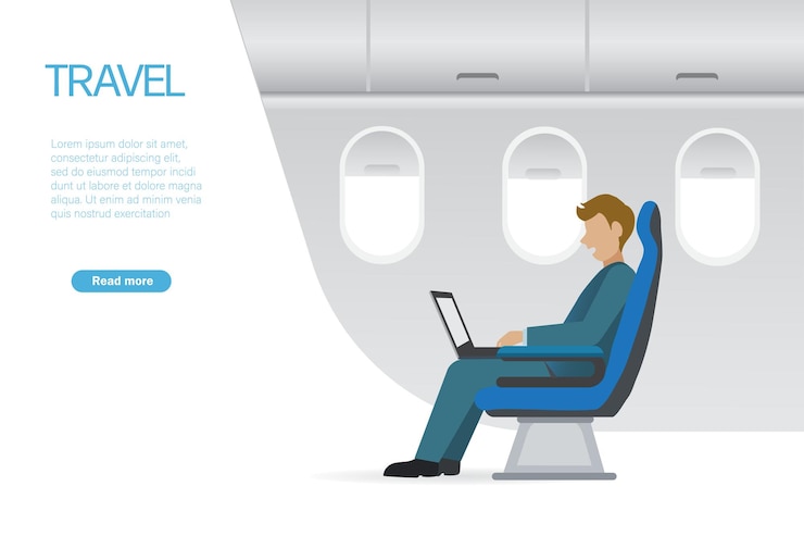 Vetor tempo de viagem empresário no assento da janela no avião trabalhando no computador férias de viagem de viagem de negócios