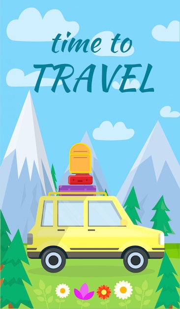 Tempo de viajar banner vertical com carro amarelo