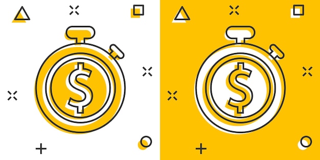 Tempo é dinheiro ícone em estilo cômico relógio com ilustração vetorial de desenho animado de dólar em fundo branco isolado conceito de negócio de efeito de respingo de moeda
