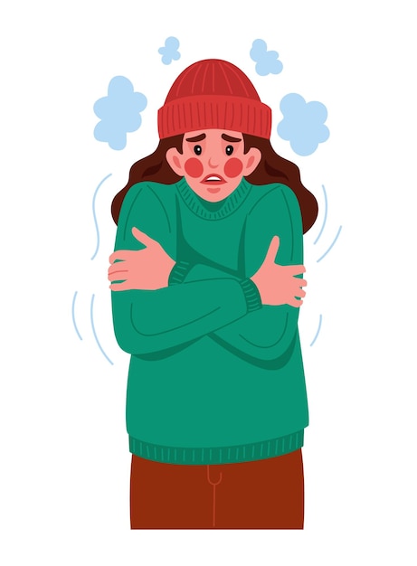 Tempo frio Mulher congelada Menina tremendo e sofrendo de geada Estação de inverno Baixa temperatura Pessoa trêmula infeliz Almoço gelado Vapor roupas de inverno Conceito vetorial