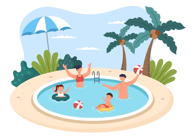 Tempo para a família de pais e filhos alegres, passando um tempo juntos na praia, fazendo várias atividades relaxantes em desenho animado ilustração plana para pôster ou plano de fundo