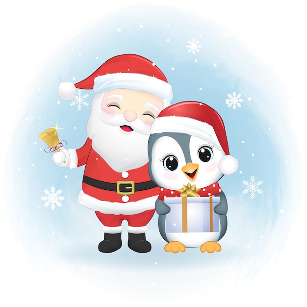 Temporada de Natal de pinguim fofo e papai noel