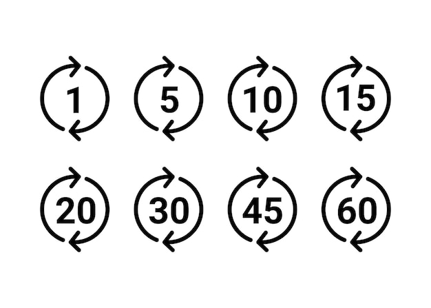 Temporizador de contagem regressiva de tempo e relógio da seta do círculo com conjunto de ícones de número. assine um minuto ou mais minutos