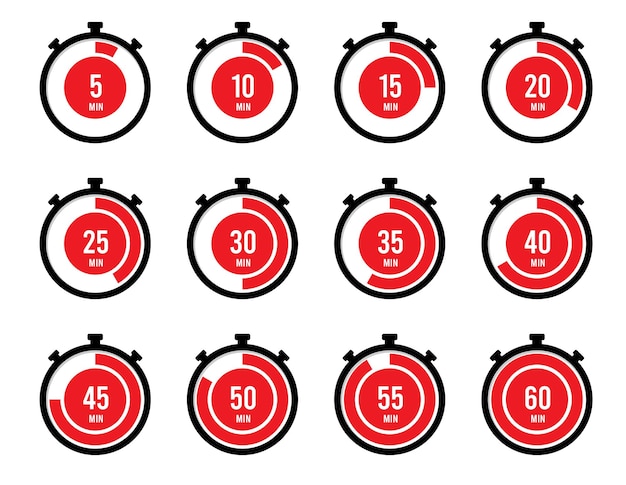 Vetor temporizador, relógio, cronômetro isolado conjunto de ícones. contagem regressiva 10, 20, 30, 40, 50, 60 minutos.