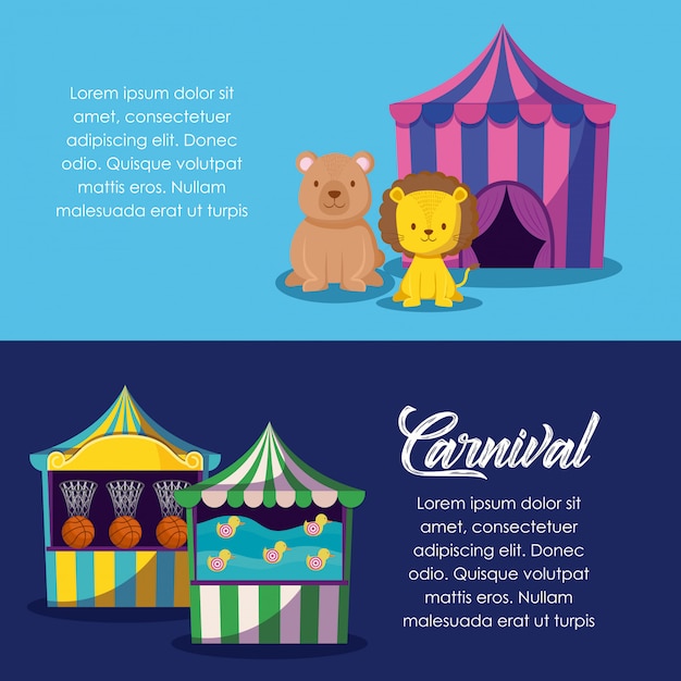 Tenda de circo com animais fofos e jogos