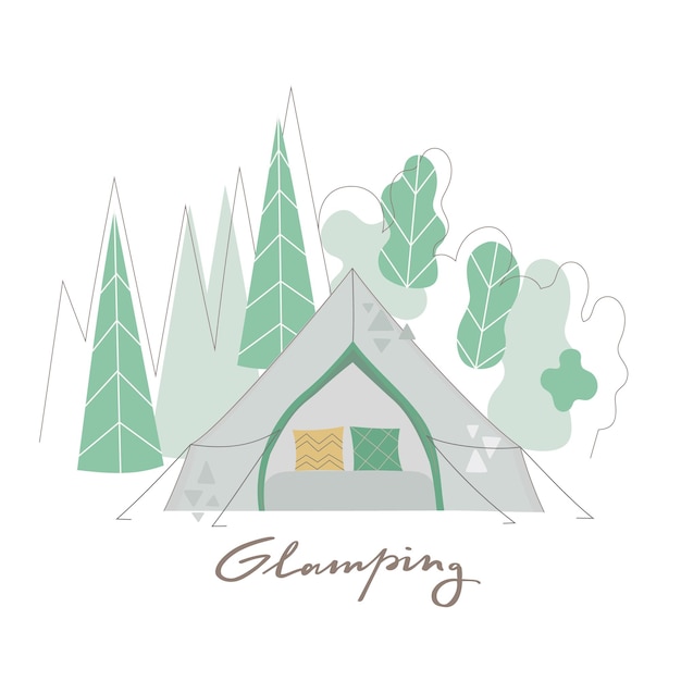 Vetor tenda de glamping bonita e confortável com têxteis de travesseiro ao redor da floresta letras de ilustração vetorial para web de artigos de merch