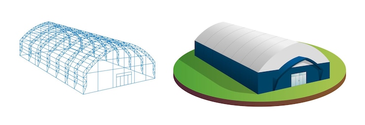 Vetor tenda industrial temporária e construção de celeiro wireframe conjunto de toldo armazém de lona