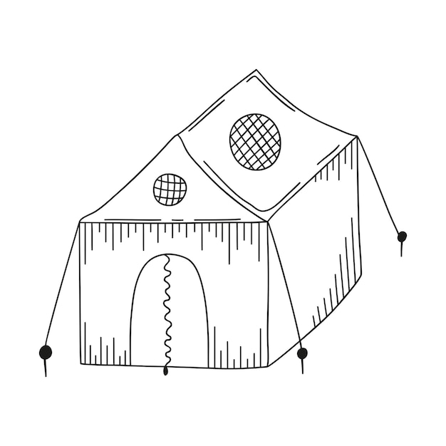 Vetor tenda turística desenhada à mão em um fundo isolado branco elementos de acampamento itens de viagem