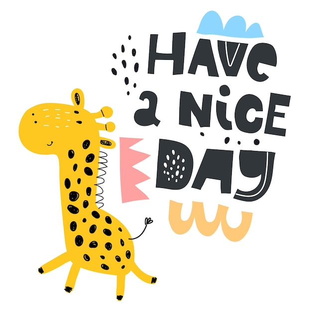 tenha um bom dia desenho animado girafa mão desenho letras elementos de decoração