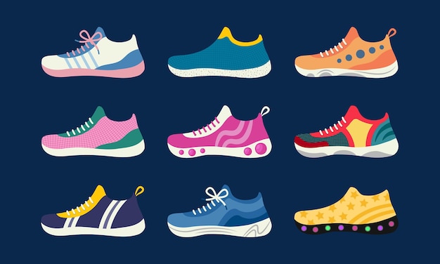 Tênis isolado conjunto vetorial de calçados esportivos sapatos coloridos para fitness e atividade diária ilustração de objeto plano