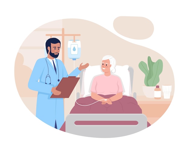Terapeuta examinando paciente idoso no hospital 2d ilustração isolada em vetor