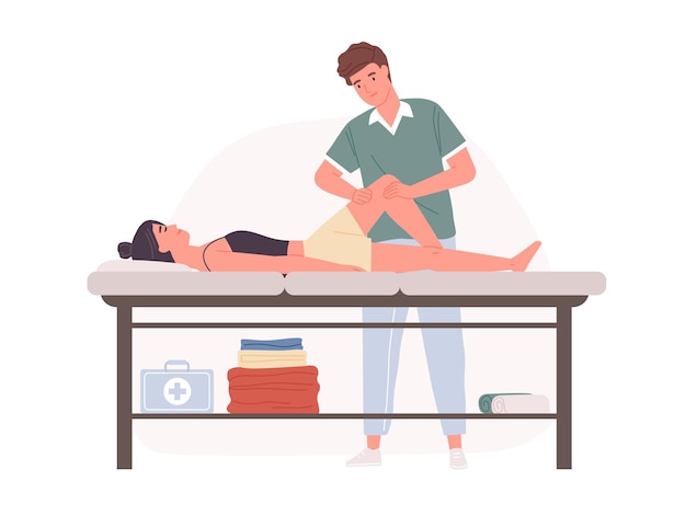 Vetor terapeuta praticante de massagem desportiva ou osteopatia. fisioterapia profissional para recuperação e reabilitação do corpo. ilustração em vetor plana colorida dos desenhos animados isolada no fundo branco.