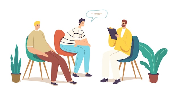 Terapia de Grupo, Aconselhamento, Auxílio Psicológico. Personagens masculinos com problemas mentais em reunião de apoio psicológico