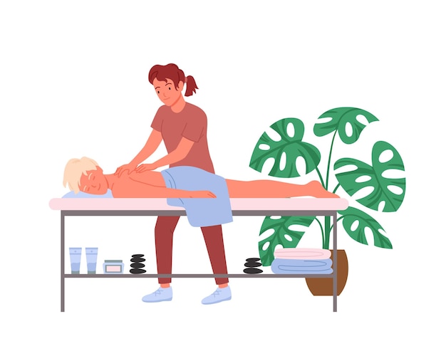 Vetor terapia de tratamento de massagem osteopata, ilustração vetorial de trabalho quiroprático. personagem de médico terapeuta manual de desenho animado massageando a coluna de um paciente, cena de medicina de osteopatia isolada no branco