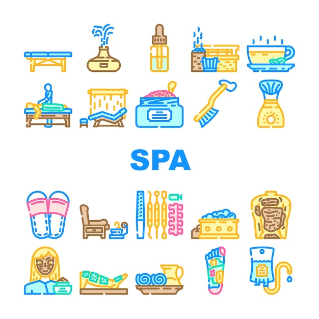 terapia spa relaxação massagem ícones set vetor
