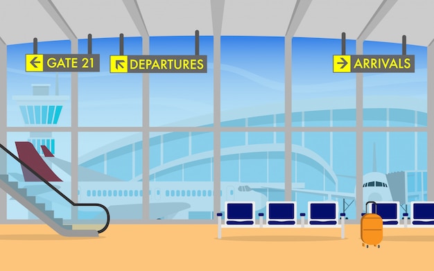 Terminal aeroporto, com, avião, em, a, fundo