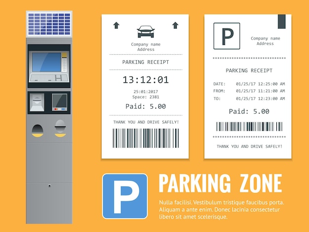 Vetor terminal moderno realista para pagar estacionamento e recibo de estacionamento. ilustração vetorial.