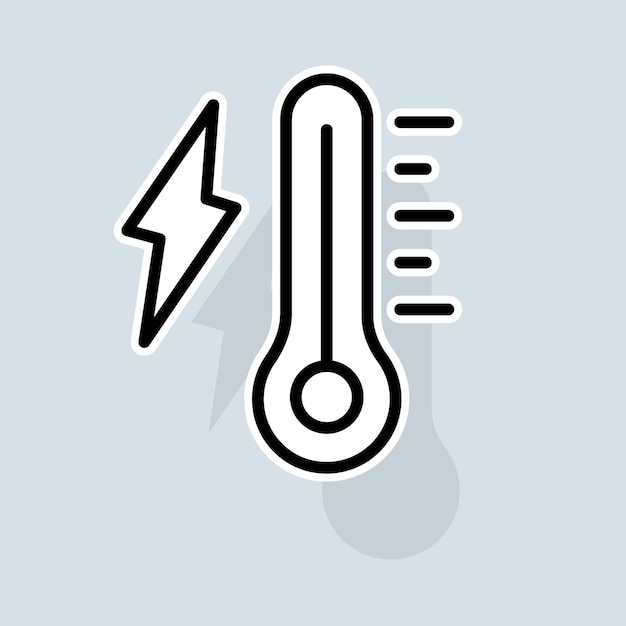 Termômetro com ícone de linha de relâmpago em casa, termostato de temperatura baixa e alta temperatura fahrenheit graus celsius conceito de tempo ícone de linha de etiqueta vetorial no fundo branco