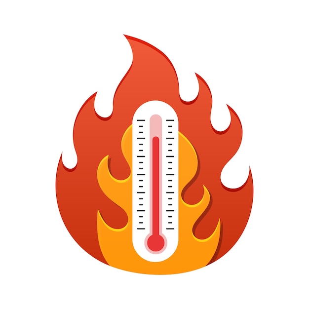 Termômetro em ícone de chama em estilo plano Ilustração vetorial de controle climático em fundo isolado Conceito de negócio de sinal de mudança de tempo