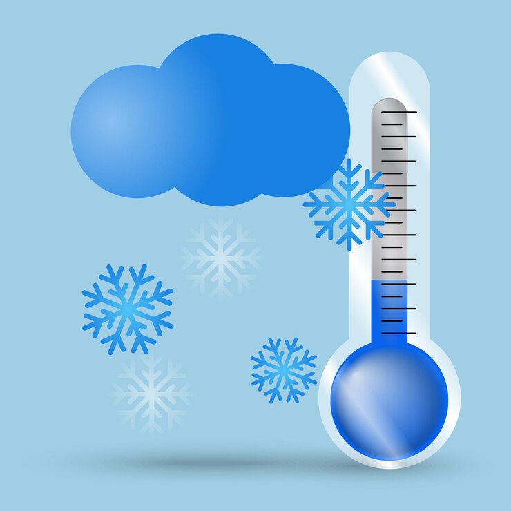 Vetor termômetro frio com nevando em ilustração vetorial