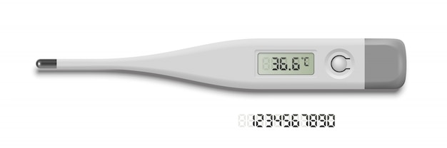 Termômetro médico mostrando temperatura normal. conjunto de números digitais cinza. seleção de estratégias de medicina e saúde, exame, diagnóstico e tratamento.