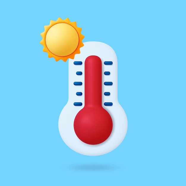 Vetor termômetro meteorológico com temperatura quente 3d previsão solar elemento gráfico ícone de calor vetorial de renderização realista para aplicativo web design programa de televisão