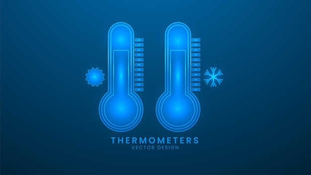 Vetor termômetros com níveis de calor e frio ilustração de termômetro médico com efeito de luz e néon