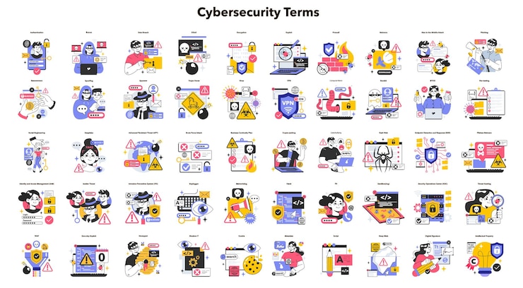 Vetor termos de segurança cibernética ou da web definem a proteção de dados e a segurança da base de dados de uma proteção de dispositivo digital