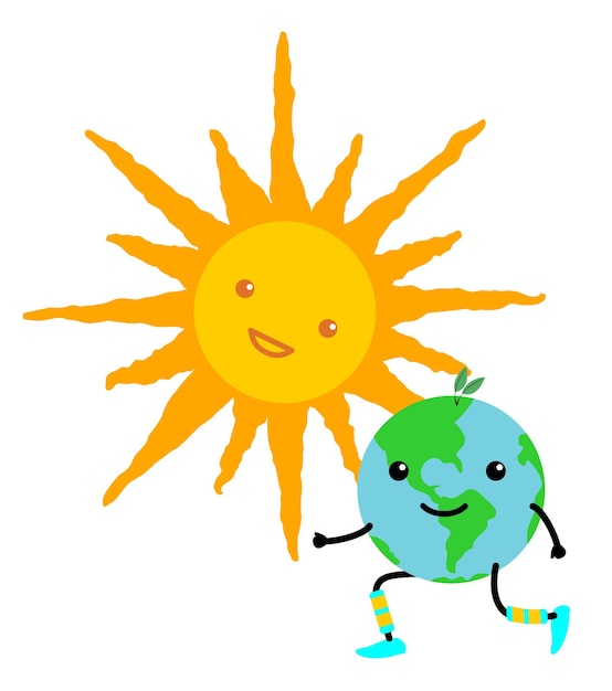 Terra adorável e o sol brilhando sobre ela. ilustração para o Dia da Terra ou eventos ambientais mostrando a felicidade da terra e do sol no estilo do kawaii