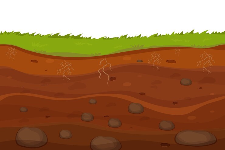 Vetor terra do solo com camadas de raízes de grama e seções de terra de pedras em estilo cartoon isoladas em branco