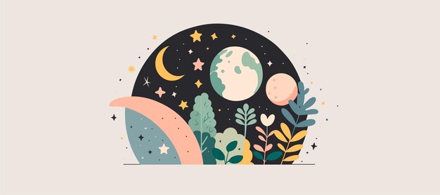 Vetor terra e a lua com plantas ao redor da ilustração do conceito de ecologia natureza