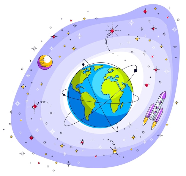 Vetor terra no espaço, nosso planeta em um enorme cosmos cercado por meteoritos, asteróides e estrelas. universo da ciência dos desenhos animados. ilustração em vetor 3d linha fina isolada no branco.