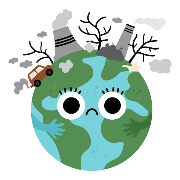 Terra vetorial para crianças Ilustração do Dia da Terra com triste planeta poluído kawaii Ícone favorável ao meio ambiente com resíduos de globo e usina no topo Conceito ecológico