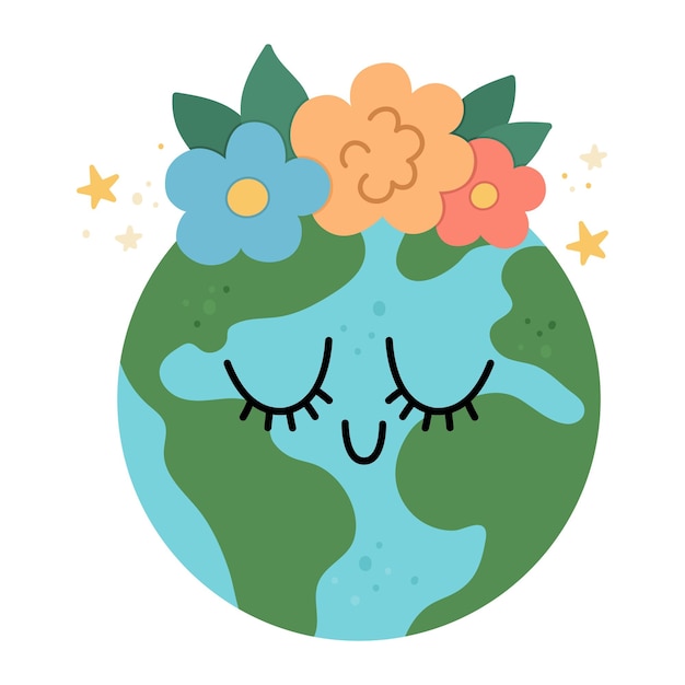 Terra vetorial para crianças ilustração do dia da terra com um lindo planeta sorridente kawaii com olhos fechados ícone favorável ao meio ambiente com globo e flores no topo conceito ecológico