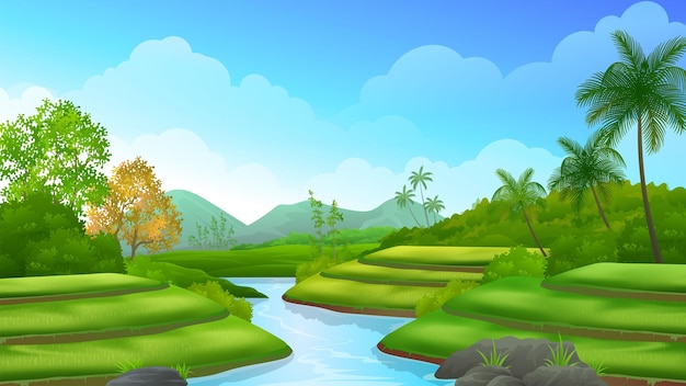Terraço do campo de arroz paddy com um rio limpo fluindo no meio, bela paisagem agrícola rural