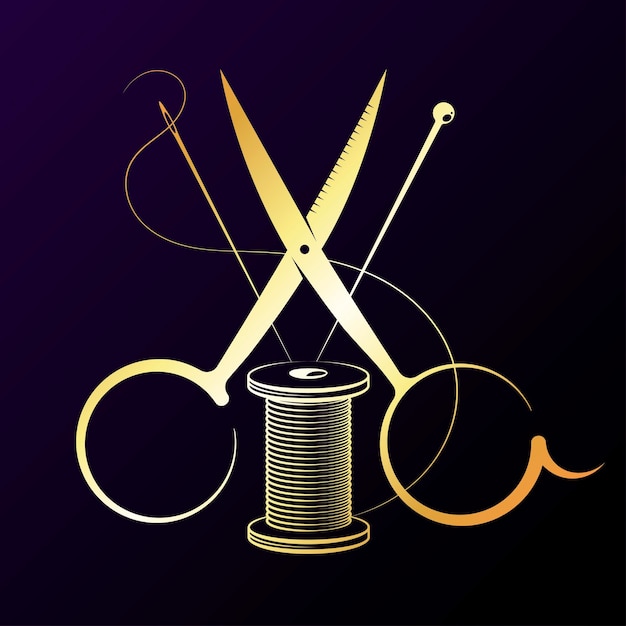 Vetor tesoura de agulha e linha para costura e corte de design dourado