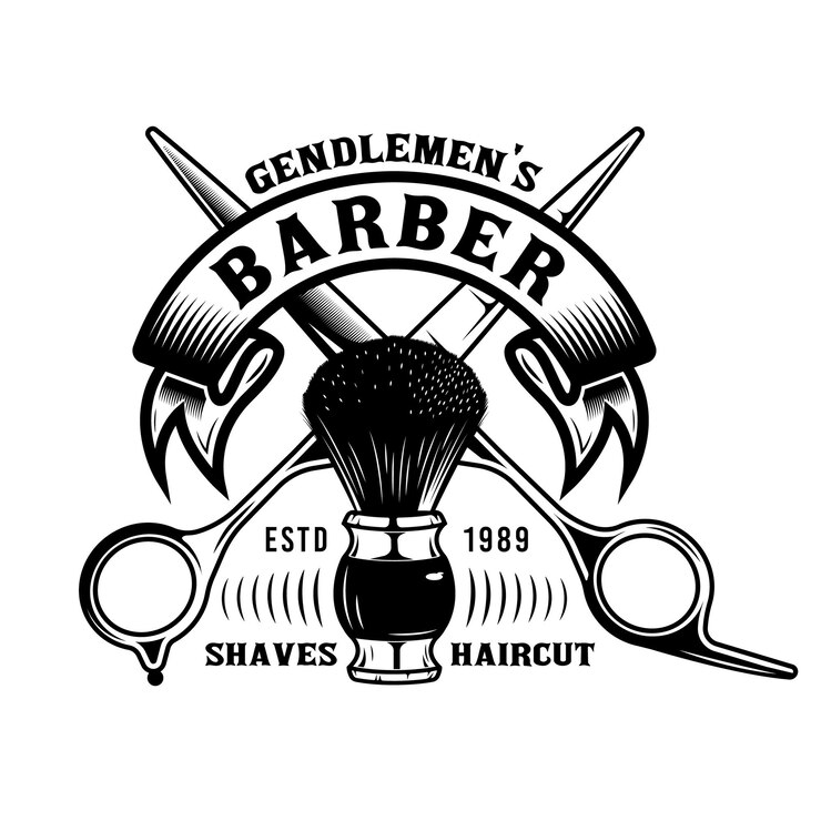 Vetor tesoura de barbearia e emblema de escova