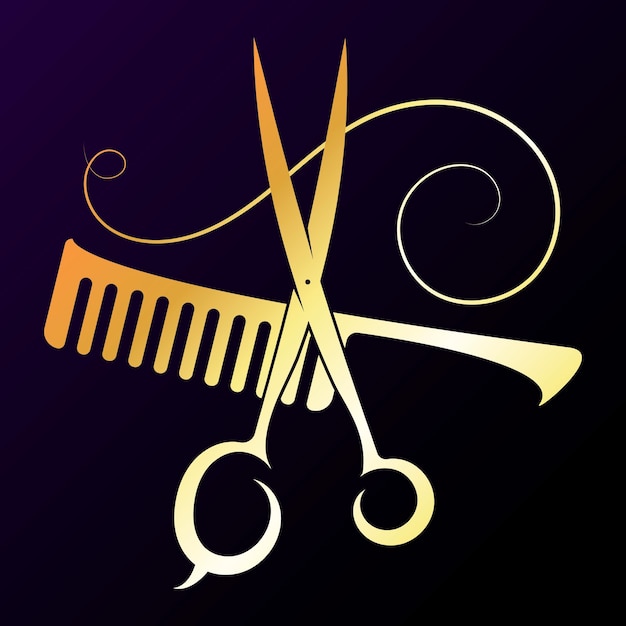 Vetor tesoura de ouro penteie e enrole o cabelo design para cabeleireiro e salão de beleza