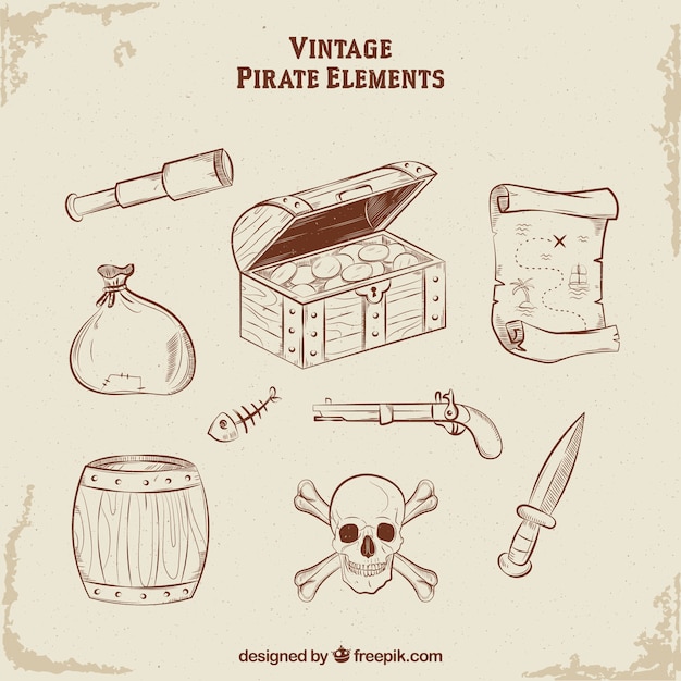 Vetor tesouro, mão, desenhado, pirata, elementos