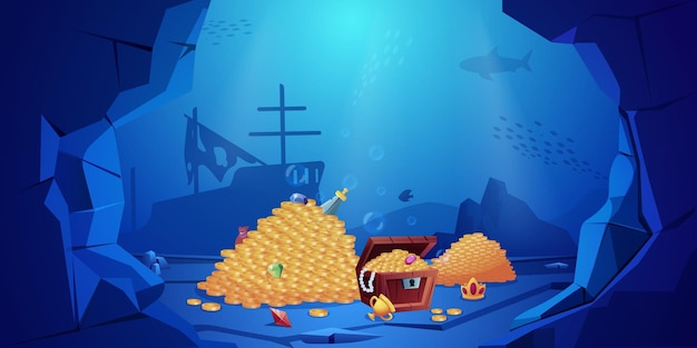 Tesouros submarinos do mar no peito fundo de aventura no estilo de desenho animado do jogo moedas de pirata e coroa navio no fundo do mar pilha de dinheiro de ouro vetor ilustração recente de desenhos animados
