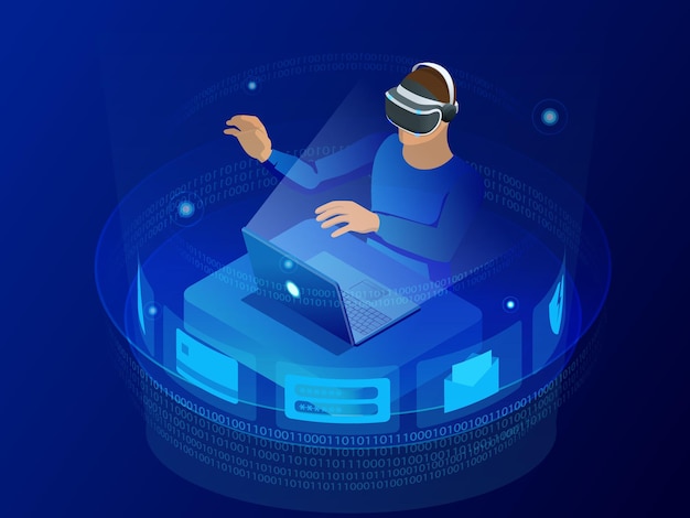 Testando o conceito de jogos. Homem isométrico usando fone de ouvido de realidade virtual e gesticulando enquanto está sentado em sua mesa no escritório criativo. Desenvolvimento de tecnologias de programação e codificação.