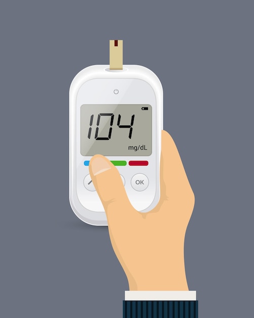 Vetor teste de açúcar de glicose em ícone de mão glucometer vector monitor de sangue dispositivo de controle de insulina medidor de açúcar de diabetes