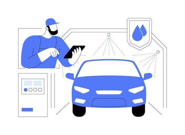 Vetor teste de chuveiro automotivo abstrato conceito vetor ilustração processo de teste de impermeabilização de carro em fábrica veículo verificação final indústria automotiva fabricação de carro metáfora abstrata