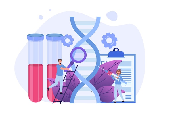 Teste de dna, teste genético, conceito de pesquisa de laboratório. ilustração em vetor plana