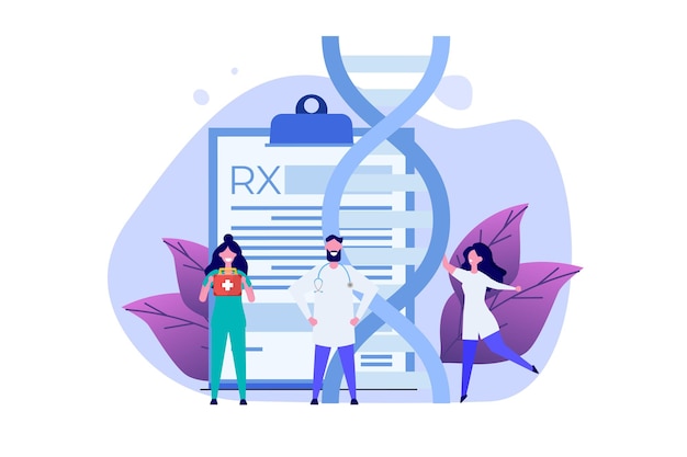 Vetor teste de dna, teste genético, conceito de pesquisa de laboratório. ilustração em vetor plana