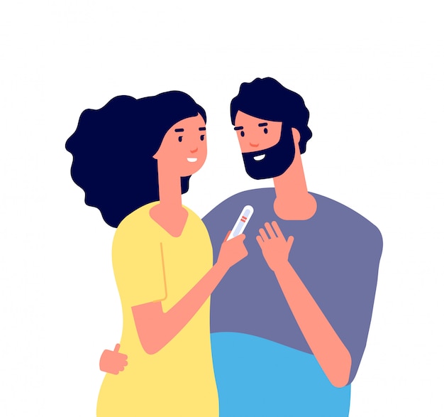 Teste de gravidez. Casal jovem feliz olhando para o teste de gravidez mostrando duas linhas. Conceito de vetor de saúde para planejamento familiar