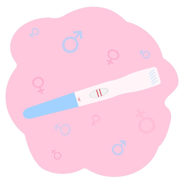 Vetor teste de gravidez com tira dupla e símbolos femininos e masculinos ilustração vetorial em rosa