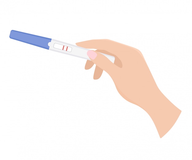 Teste de gravidez positivo na mão. ilustração em estilo simples dos desenhos animados.