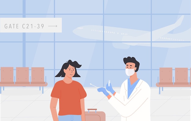 teste de pcr no aeroporto. viagem com certificado de aptidão para voar. médico faz o teste do cotonete nasal do viajante.