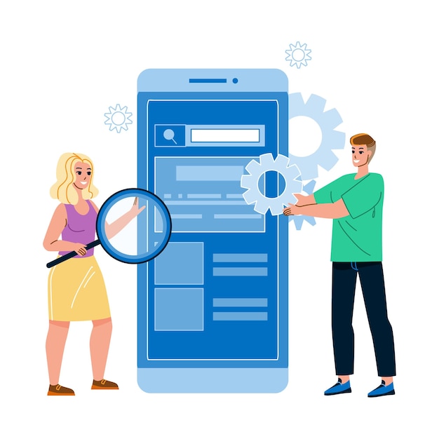 Teste de usabilidade tornando-o vetor de desenvolvedores. homem e mulher, teste de usabilidade, aplicativo de smartphone e software. personagens fazem teste de interface de aplicativo de celular com ilustração plana dos desenhos animados